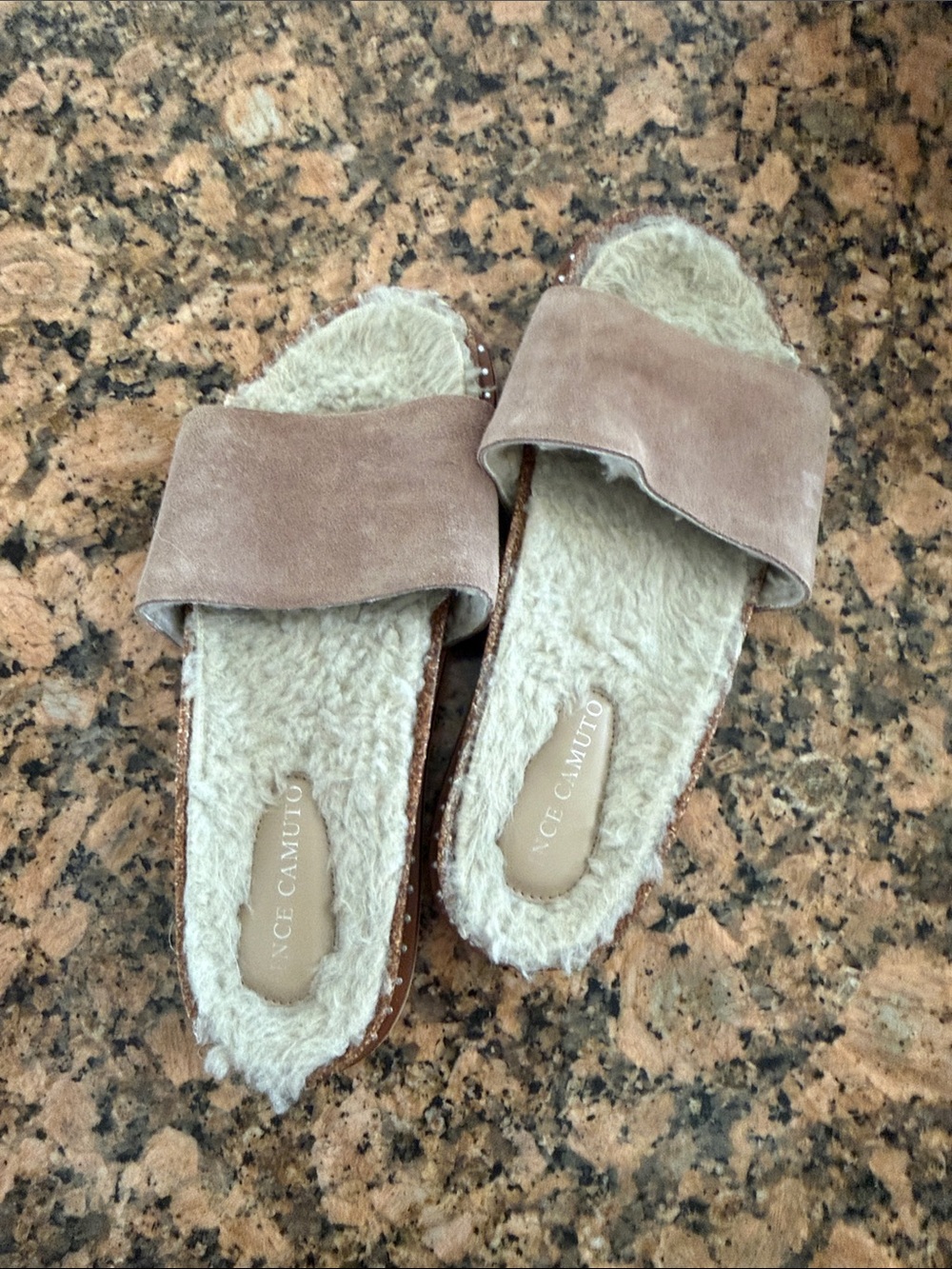 Vince Camuto Taupe Suede Shearling Slide Sandals